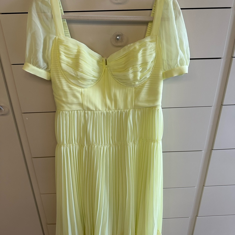 Self-Portrait Yellow Pleated Midi Dress with Puff Sleeves
